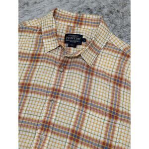 Pendleton Linen Blend Button Up Shirt Mens Large Brown Plaid Short Sleeve Rayon
